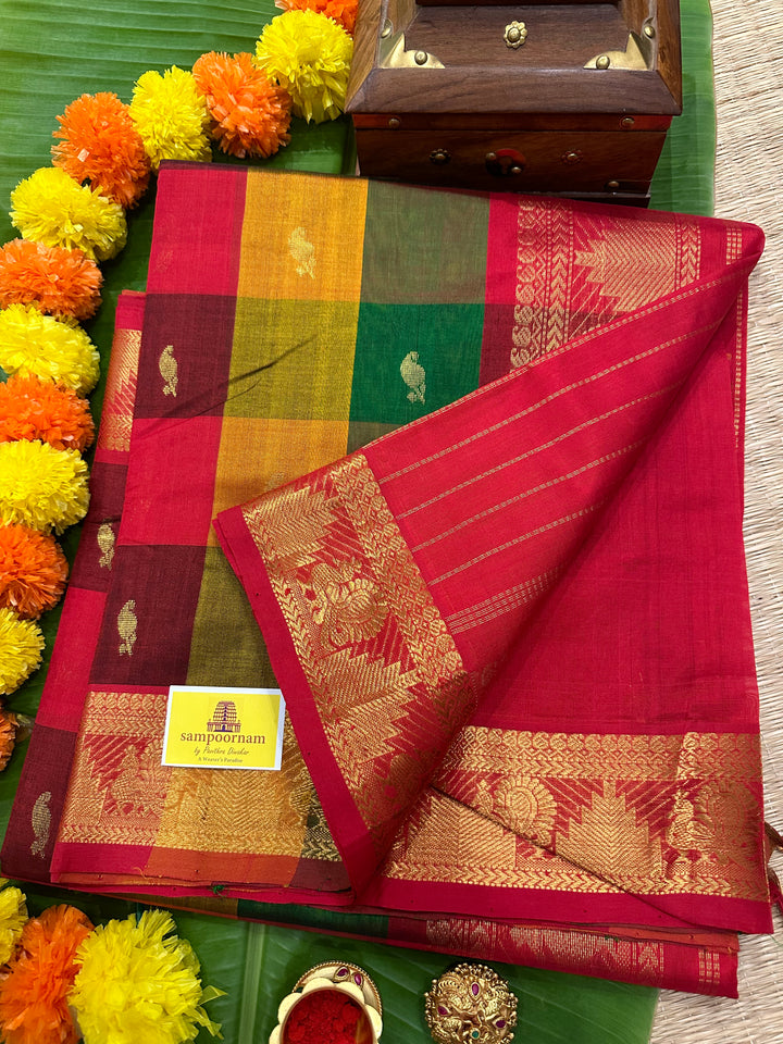 Traditional Red Mustard Green With Mango Zari Butta Pallum Pazham Kattam Silk Cotton SareeSaree