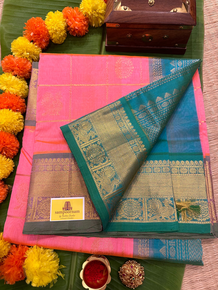 Baby Pink with Sea Green Mayil Chakram Silk Cotton Saree