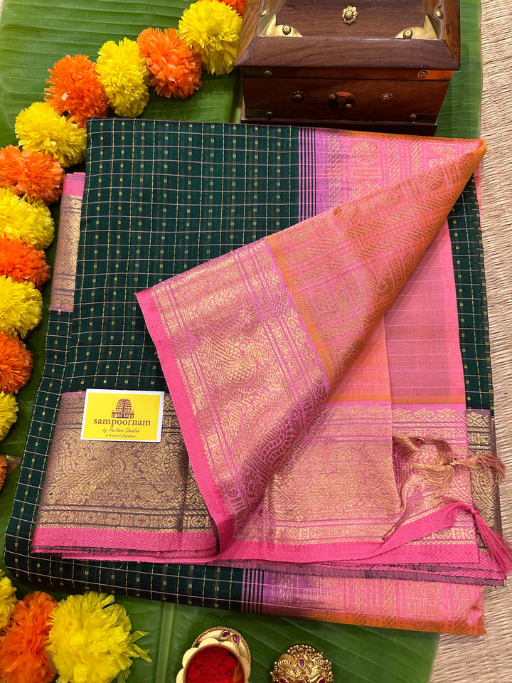 Green with Baby Pink Lakshadeepam Silk Cotton Saree