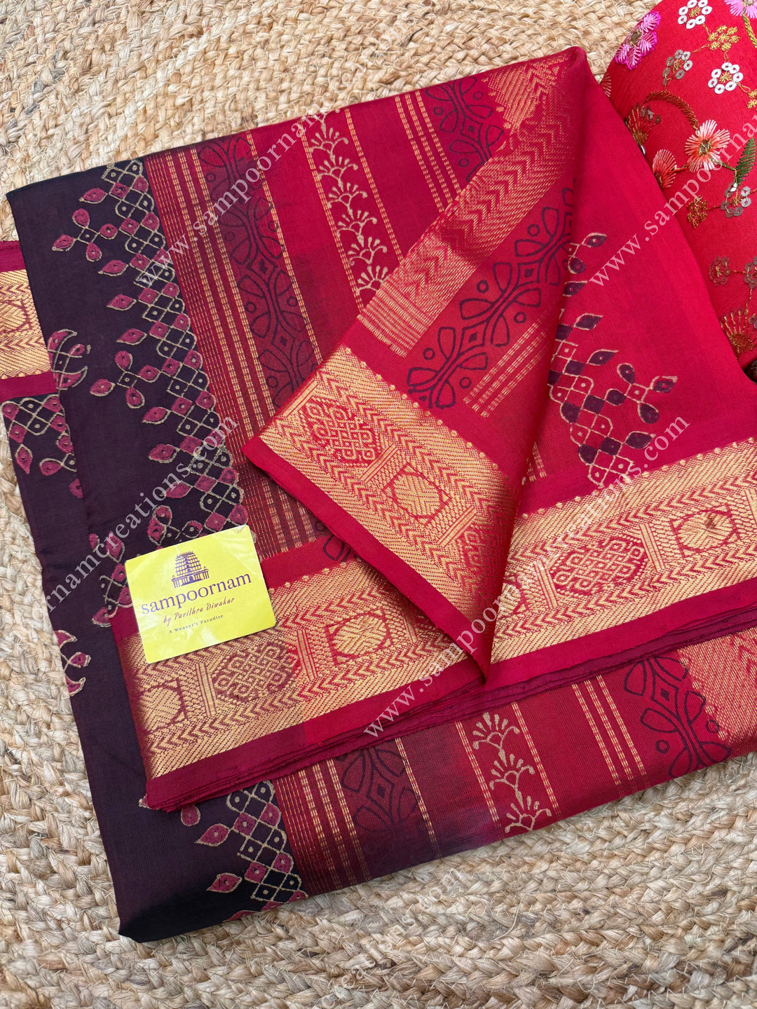 Brown with Red  , Kolam Handblock Printed  Silk Cotton Saree