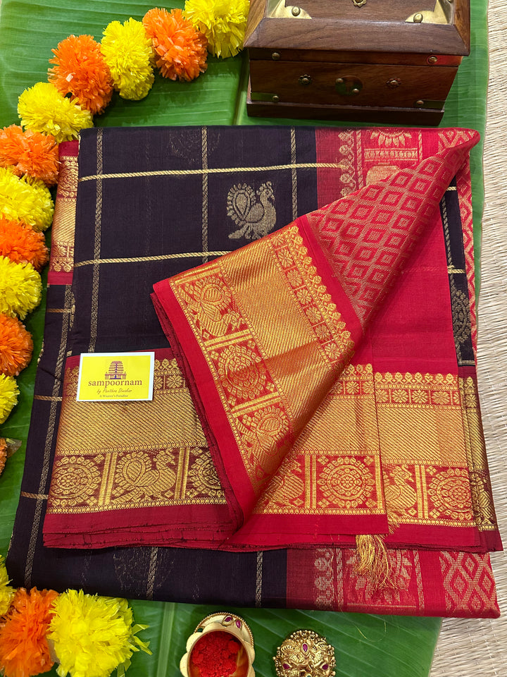 Brown with Red Mayil Chakram Silk Cotton Saree