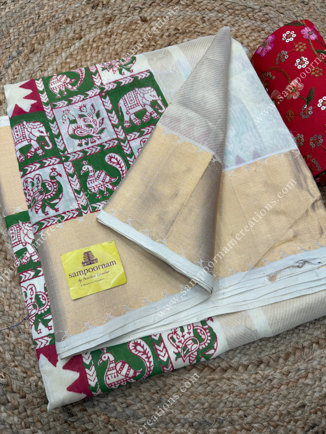 Off white  , Annam and Elephant Handblock Print and Tissue borders , Rich Pallu Handblock Printed Silk Cotton Saree