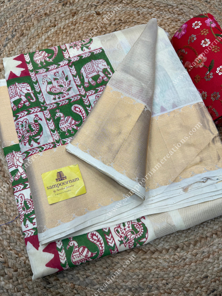 Off white  , Annam and Elephant Handblock Print and Tissue borders , Rich Pallu Handblock Printed Silk Cotton Saree