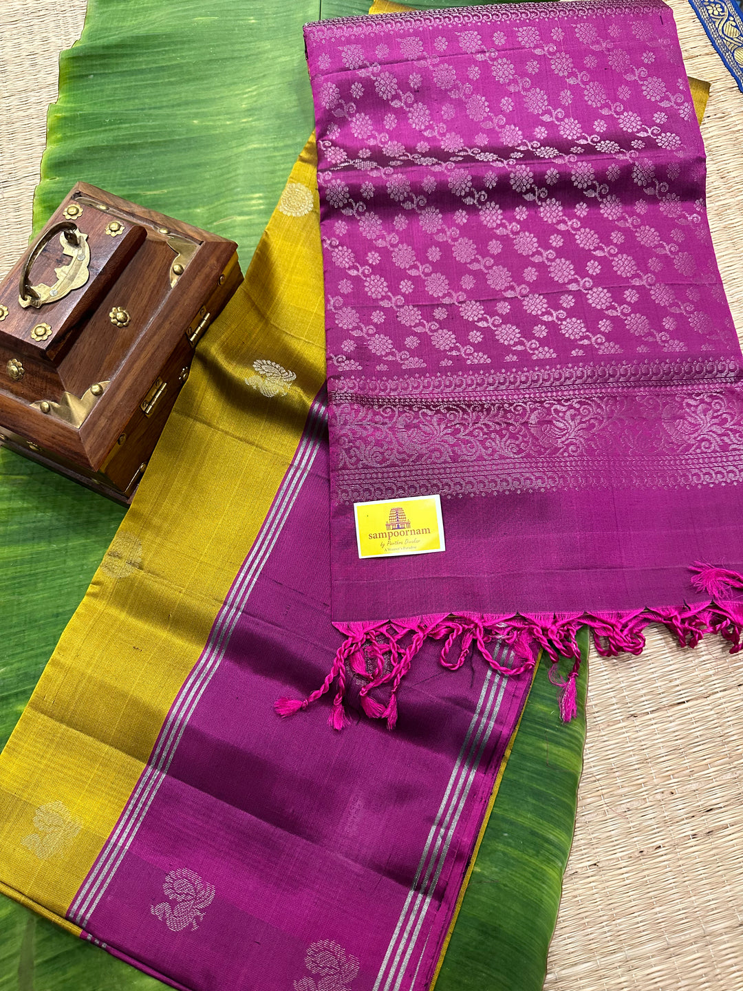 Fenugreek Gold with Magenta Mayil and Chakram Butta Silver Zari Pure Soft Silk Saree