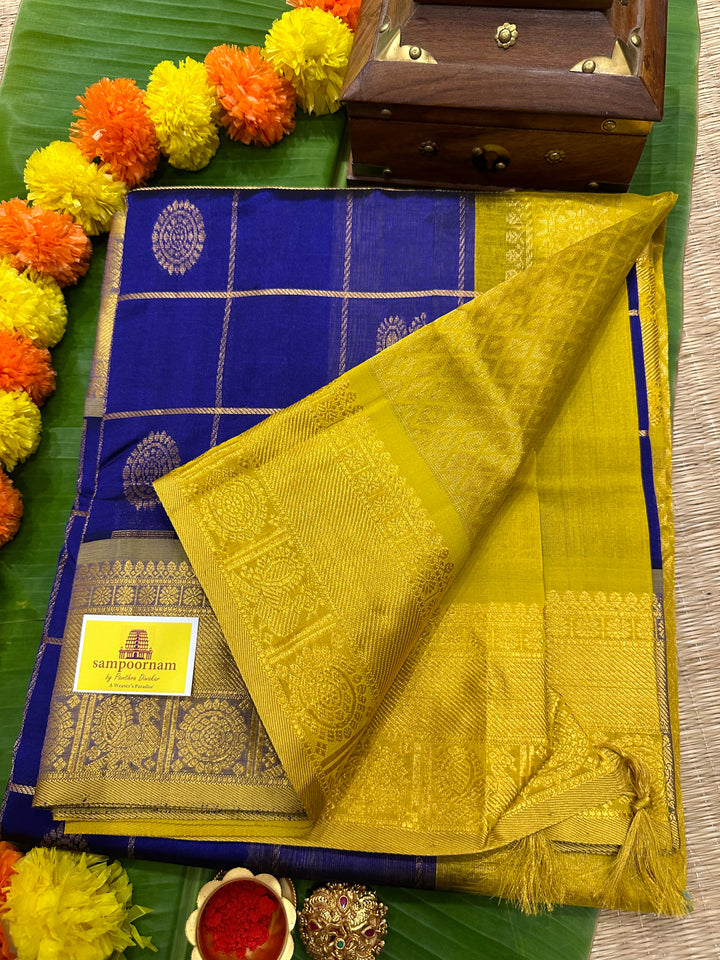 Indigo Blue with Lemon Yellow Mayil Chakram Silk Cotton Saree