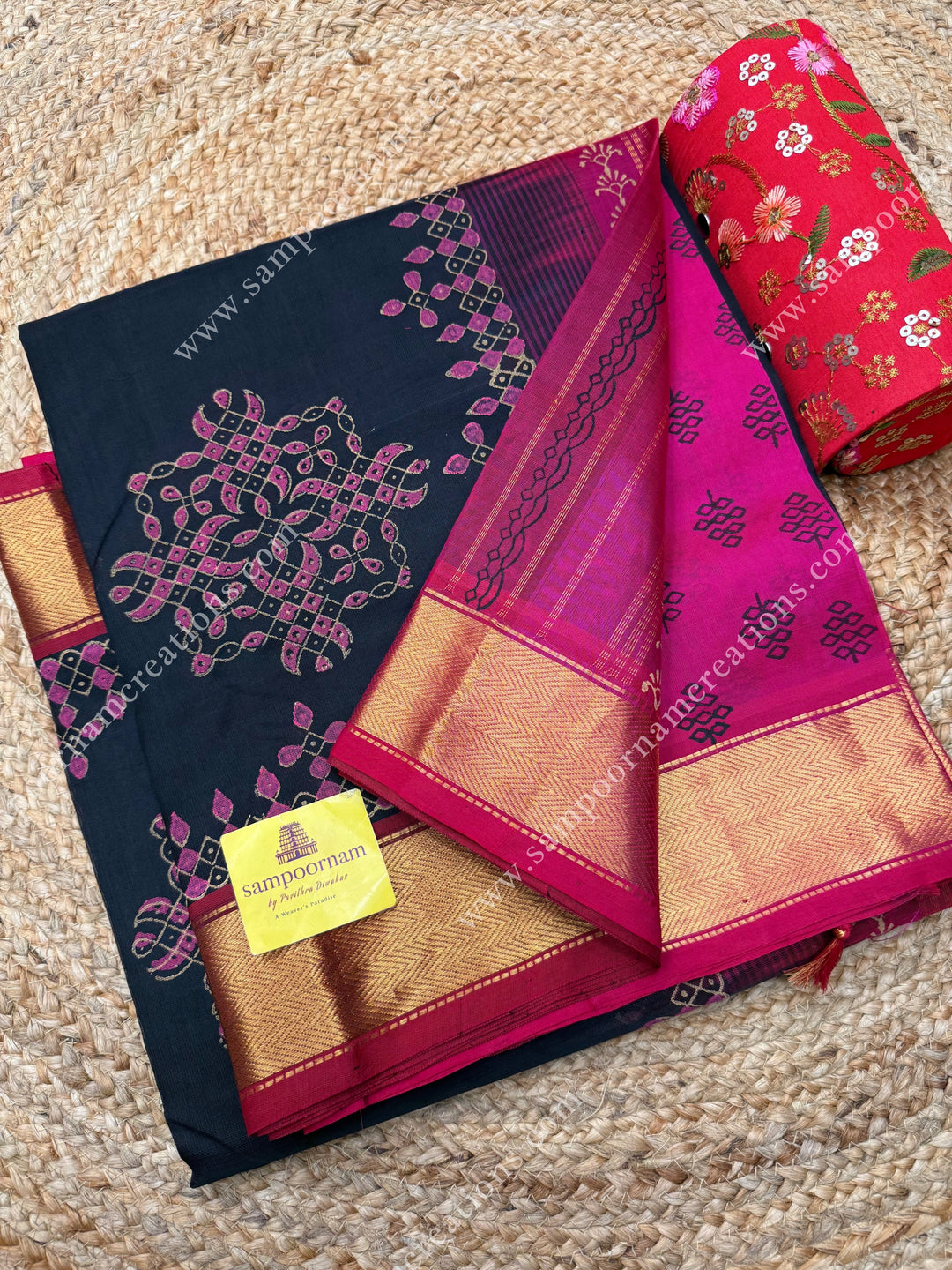 Black with Pink , Kolam Handblock Printed  Silk Cotton Saree