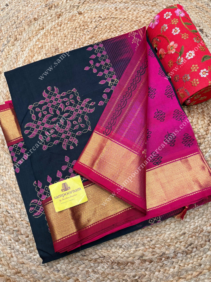 Black with Pink , Kolam Handblock Printed  Silk Cotton Saree