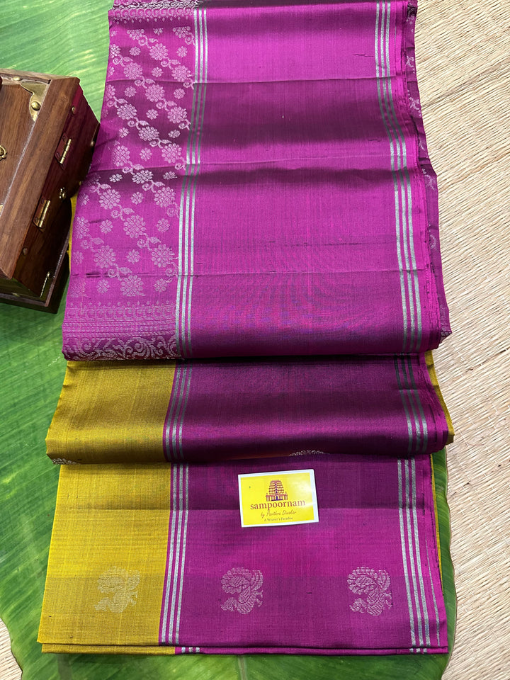 Fenugreek Gold with Magenta Mayil and Chakram Butta Silver Zari Pure Soft Silk Saree