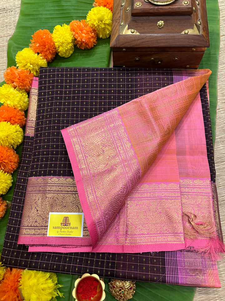 Brown with Peachish Pink Lakshadeepam Silk Cotton Saree