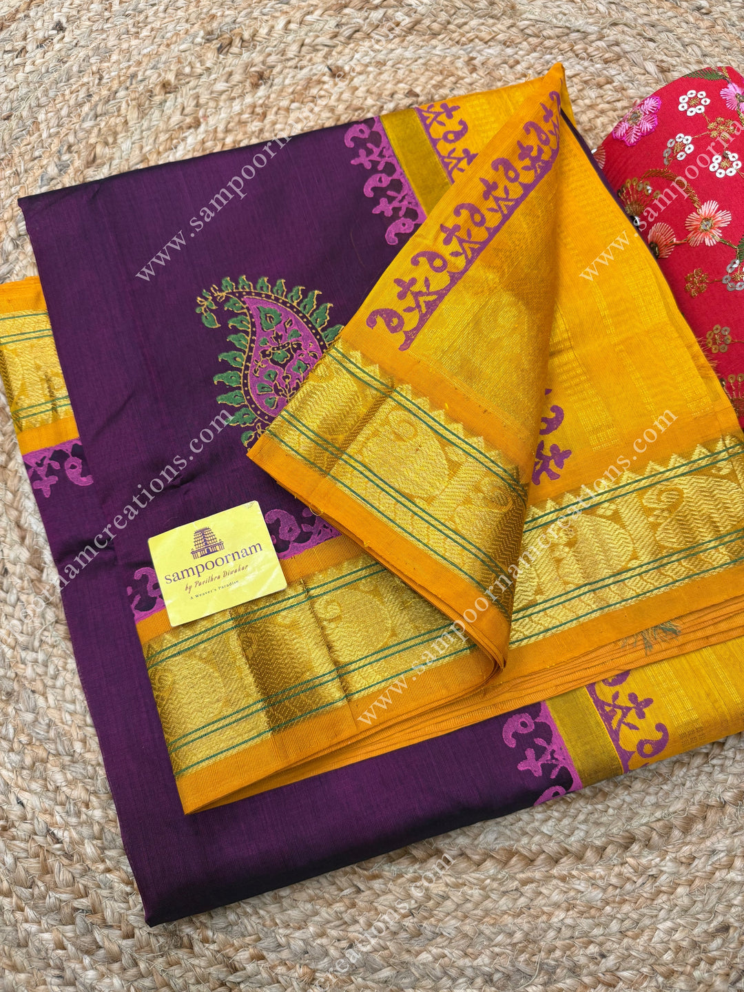 Wine with Mustard  , Mango Print in the body and Rich Pallu Handblock Printed Korvai Silk Cotton Saree