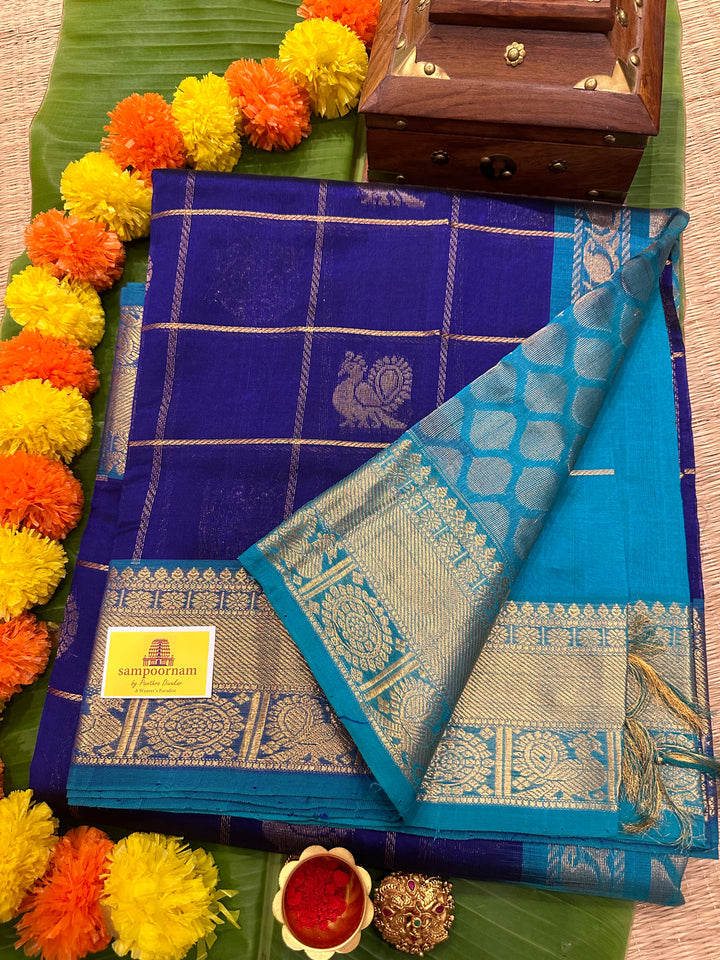 Blue with Blue Mayil Chakram Silk Cotton Saree