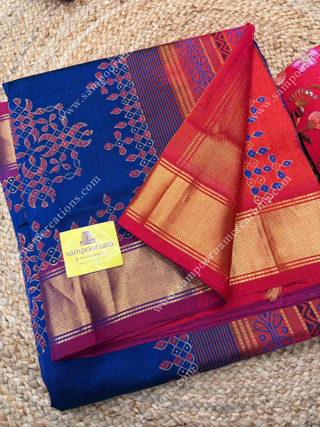 Ms Blue with Orange  , Kolam Handblock Printed  Silk Cotton Saree