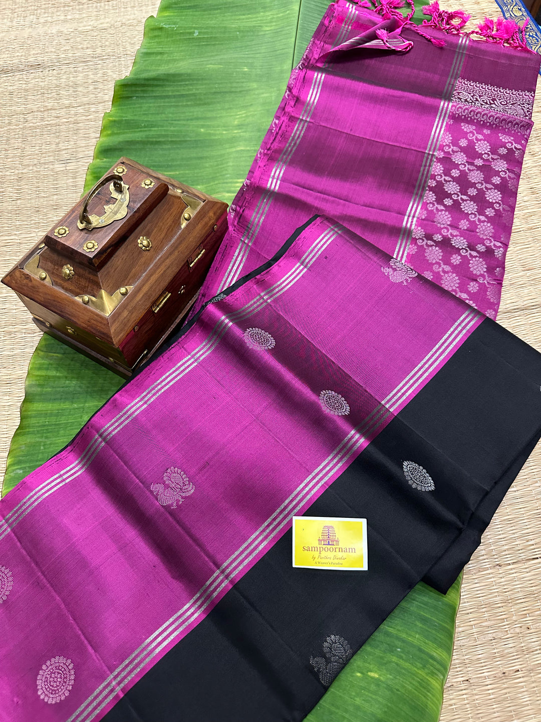 Black With Magenta , Annam and Rudraksh Silver Butta in Body , Rich Pallu Pure Soft Silk Saree