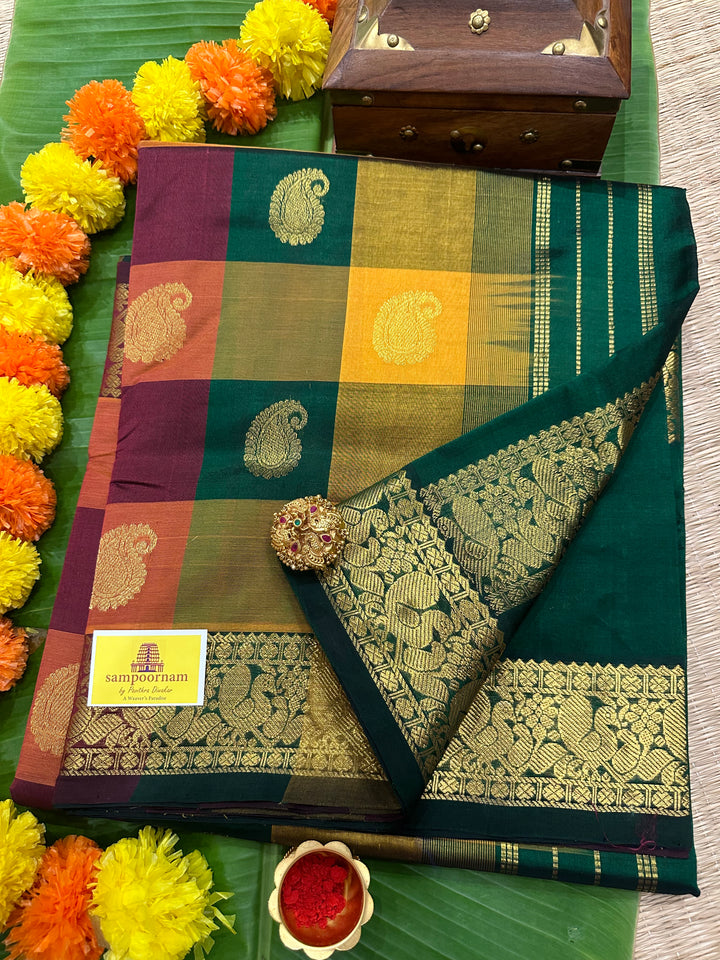 The Traditional Maroon,Green,Mustard with Rich Zari Butta Pallum Pazham Kattam Silk Cotton  Saree