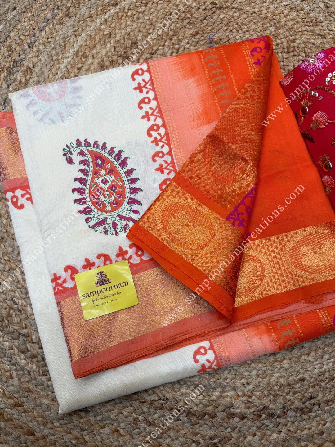Off white with Orange , Mango motif in the body  and Rich Pallu Handblock Printed Silk Cotton Saree