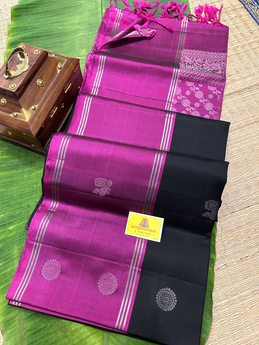 Black With Magenta , Annam and Rudraksh Silver Butta in Body , Rich Pallu Pure Soft Silk Saree