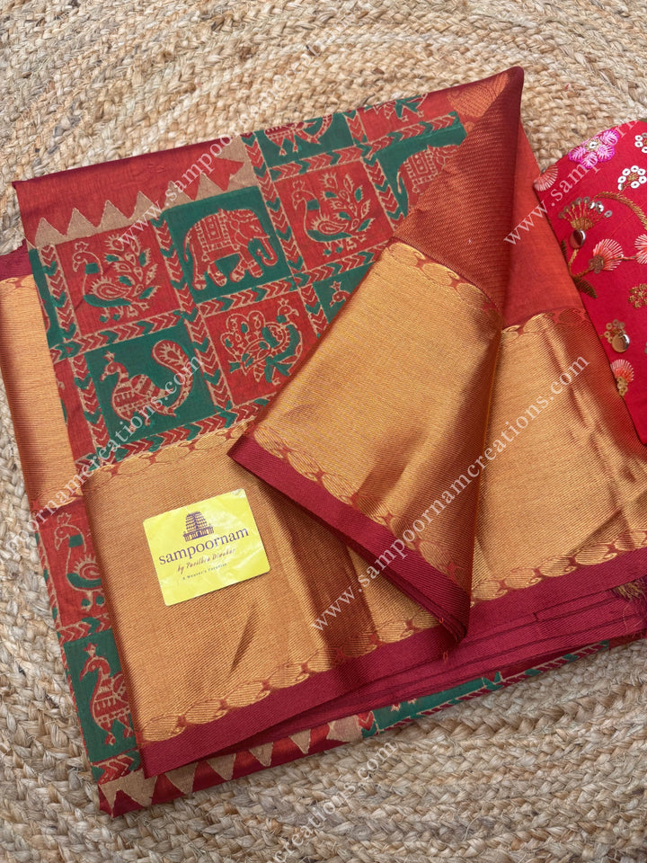 Rust Orange  , Annam and Elephant Handblock Print and Tissue borders , Rich Pallu Handblock Printed Silk Cotton Saree