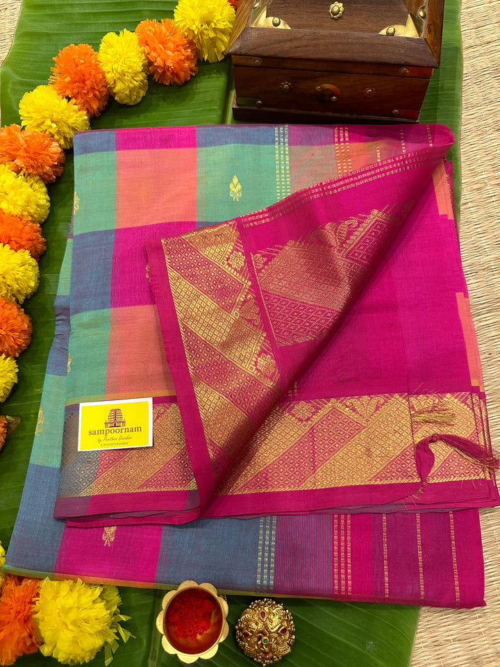 Pink , Peachish Orange and Sea Green with Zari Butta Pallum Pazham Kattam Saree