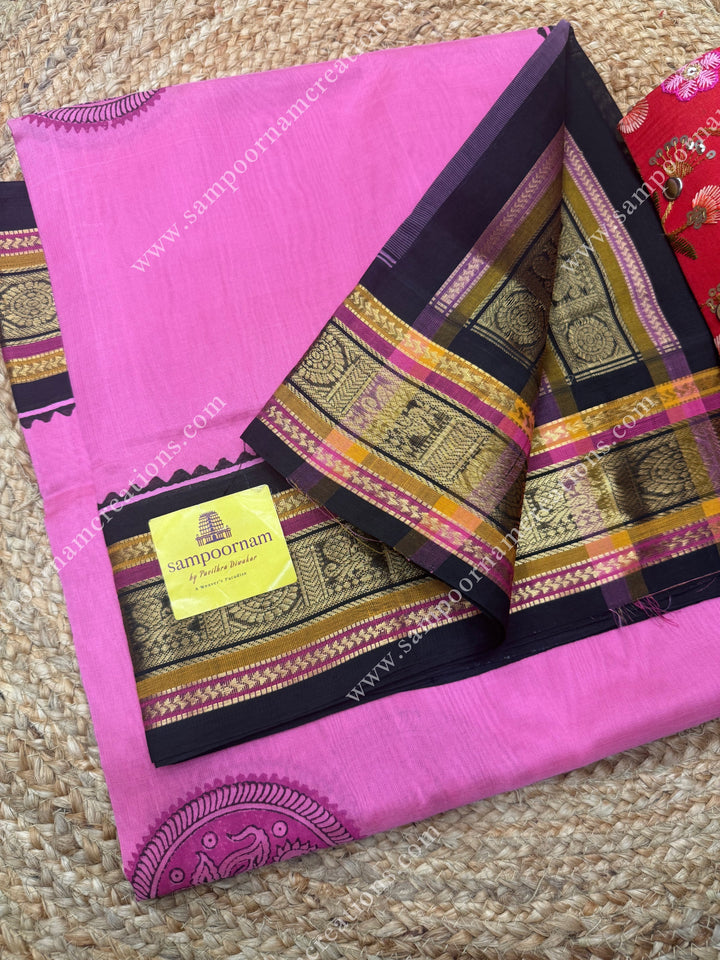 Baby Pink with Black , Annam Block Print in the body  and Rich Pallu Handblock Printed Silk Cotton Saree