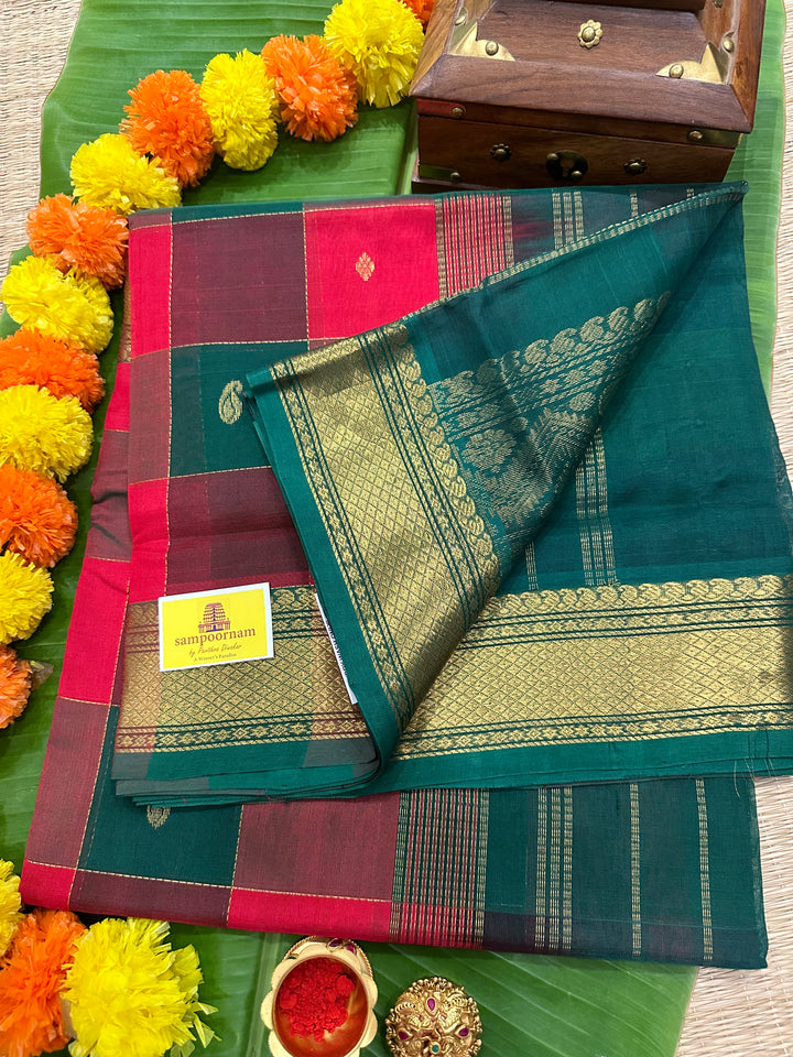 Red- Green, Mango and Diamond Zari Butta Pallum Pazham Kattam Saree