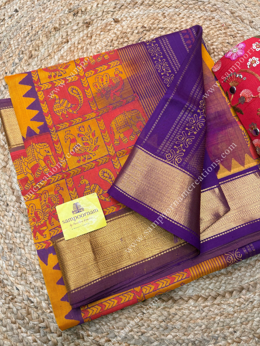 Manjal with Magenta , Elephant border and Tiny Elephant in the body ,  Rich Pallu Handblock Printed Silk Cotton Saree