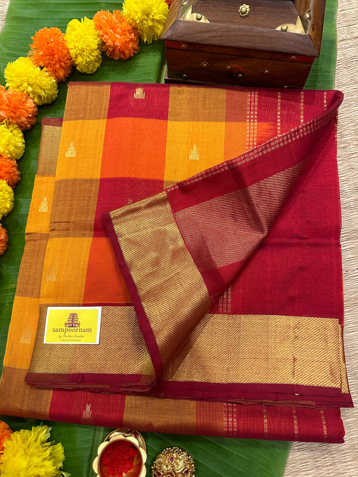 Red Mustard Orange with Gopuram Zari Butta Pallum Pazham Kattam Saree