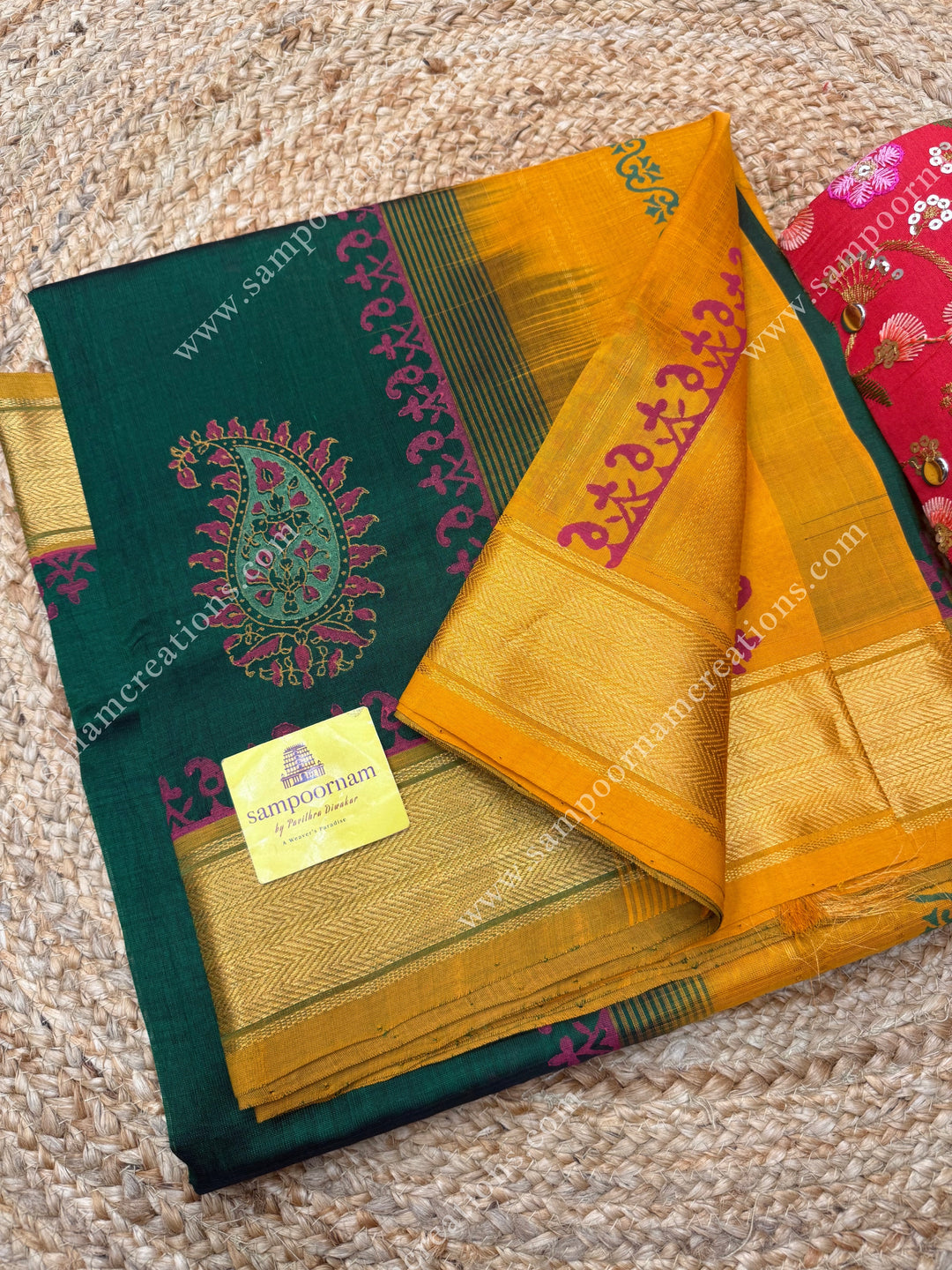 Dark Green with Mustard  , Mango motif in the body  and Rich Pallu Handblock Printed Silk Cotton Saree