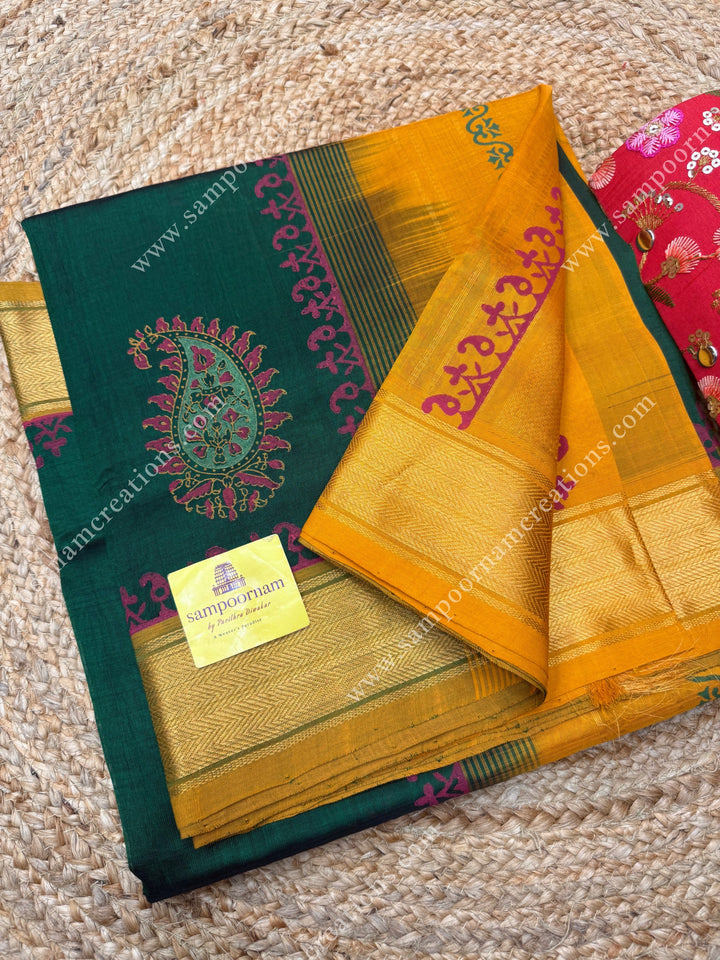 Dark Green with Mustard  , Mango motif in the body  and Rich Pallu Handblock Printed Silk Cotton Saree