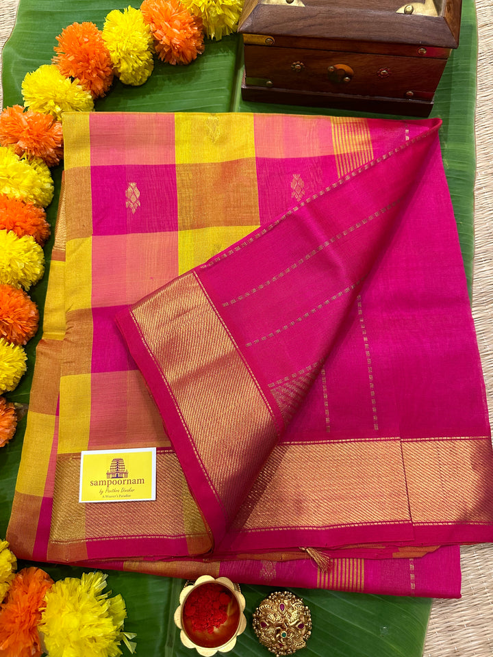 Yellow with Pink Zari Butta Pallum Pazham Kattam Silk Cotton Saree