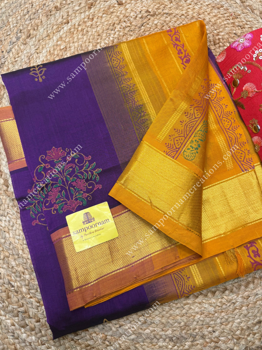 Purple with Mustard , Floral Print in the body  and Rich Pallu Handblock Printed Silk Cotton Saree