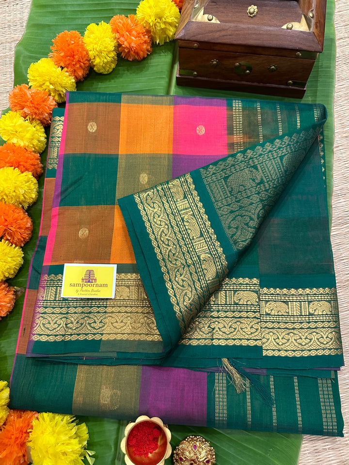 Pink,Purple,Manjal and Green with Small Zari Butta Pallum Pazham Kattam Silk Cotton Saree