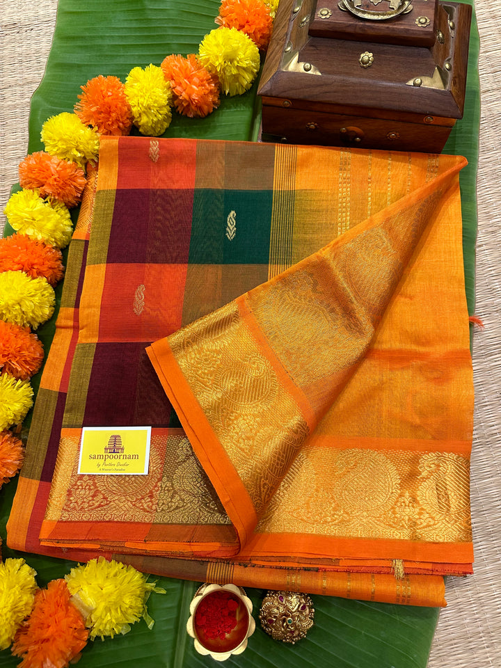 The Classic Maroon,Orange,Green ,Mustard with Zari Mango Butta Pallum Pazham Kattam Saree