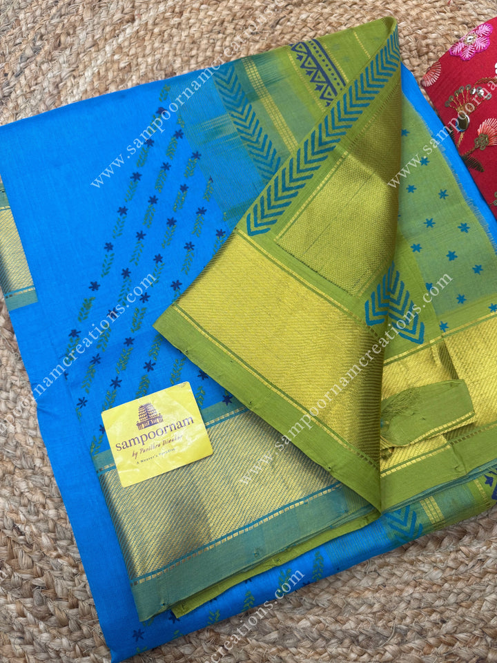 Blue with Sage Green , Kodi design Print in the body  and Rich Pallu Handblock Printed Silk Cotton Saree