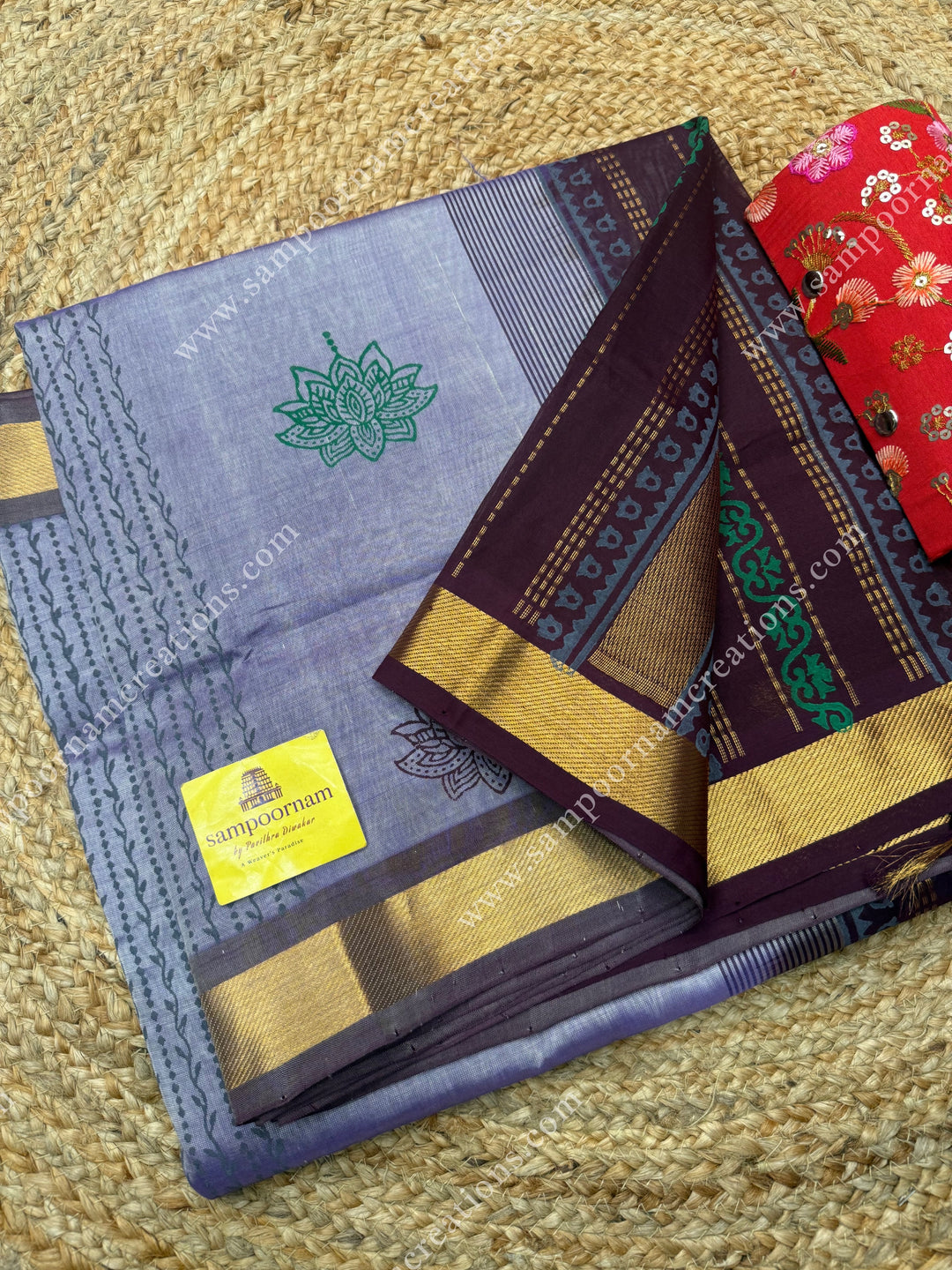 Mauve with Arakku, Lotus motif in the body and  Rich Pallu Handblock Printed Silk Cotton Saree