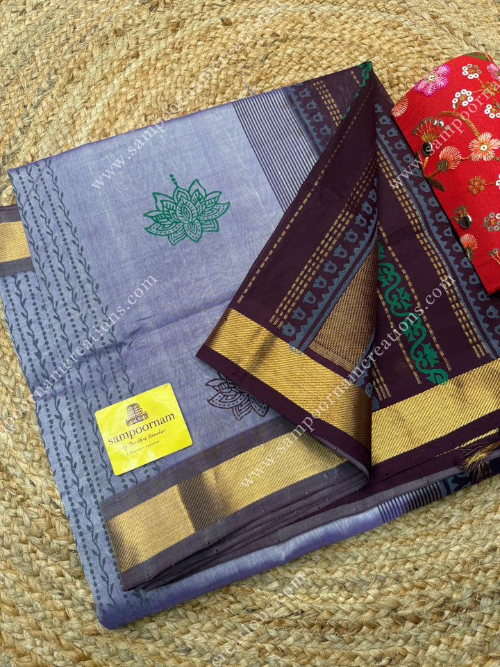 Mauve with Arakku, Lotus motif in the body and  Rich Pallu Handblock Printed Silk Cotton Saree