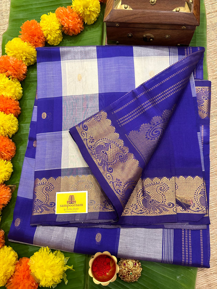 Offwhite with Indigo Blue Small Zari Butta Pallum Pazham Kattam Saree