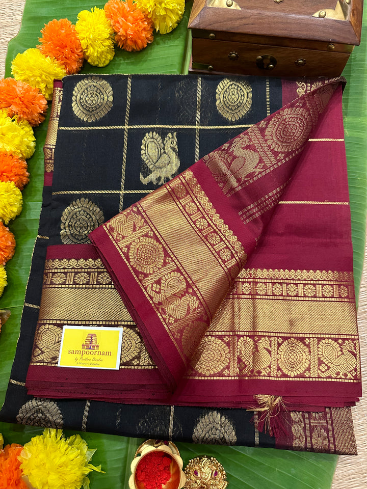 Black with Red Mayil Chakram Silk Cotton Saree