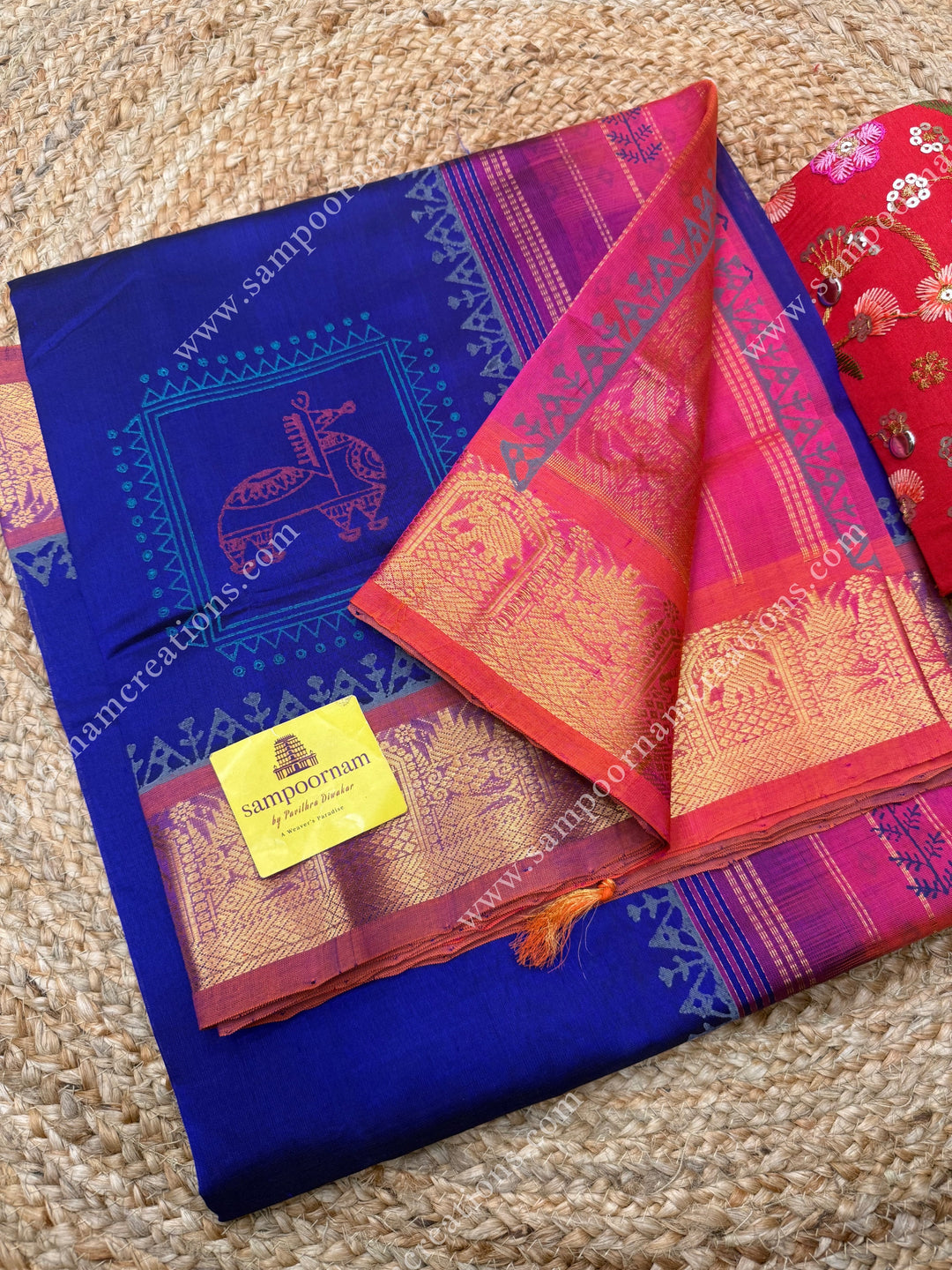 Dark Blue with Pink , Terracotta Print in the body  and Rich Pallu Handblock Printed Silk Cotton Saree