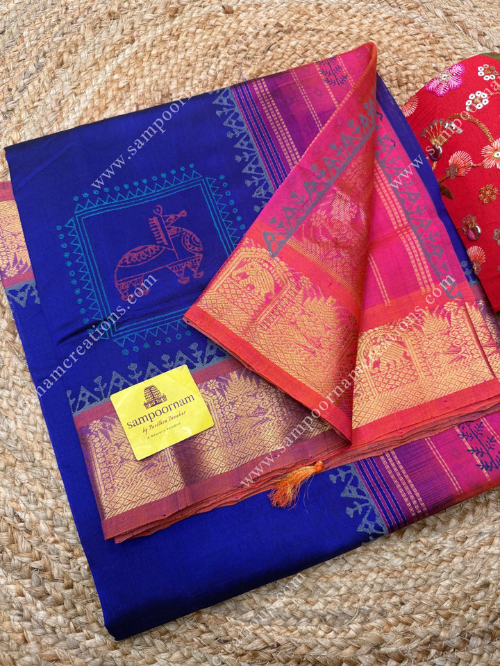 Dark Blue with Pink , Terracotta Print in the body  and Rich Pallu Handblock Printed Silk Cotton Saree
