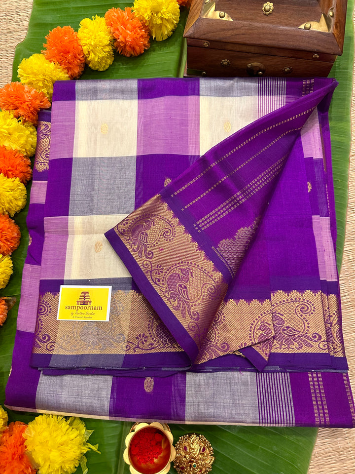 Offwhite with Purple with Zari Butta Pallum Pazham Kattam Silk Cotton Saree