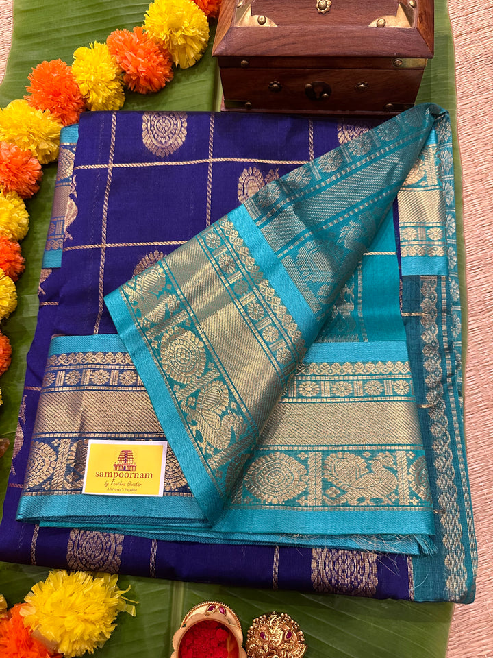 Blue with Blue Mayil Chakram Silk Cotton Saree