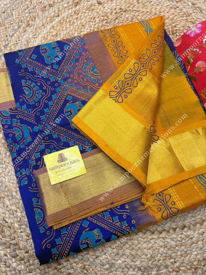 Mayil Blue with Mustard , Elephant border and Tiny Elephant in the body ,  Rich Pallu Handblock Printed Silk Cotton Saree