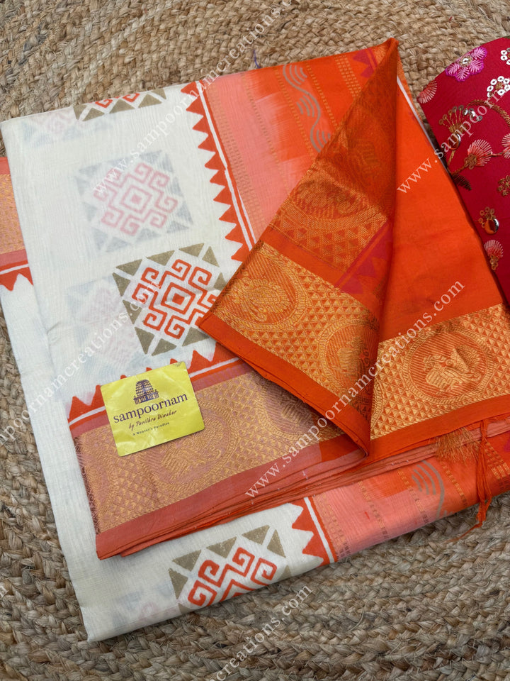 Offwhite with Orange , Geometric Block Print in the body  and Rich Pallu Handblock Printed Silk Cotton Saree