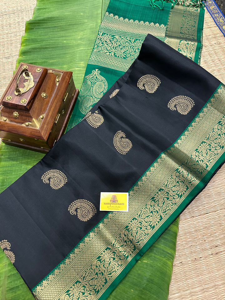 Black with Green, Rich Mango Butta in Body, Rich Border and Pallu Pure Soft Silk Saree