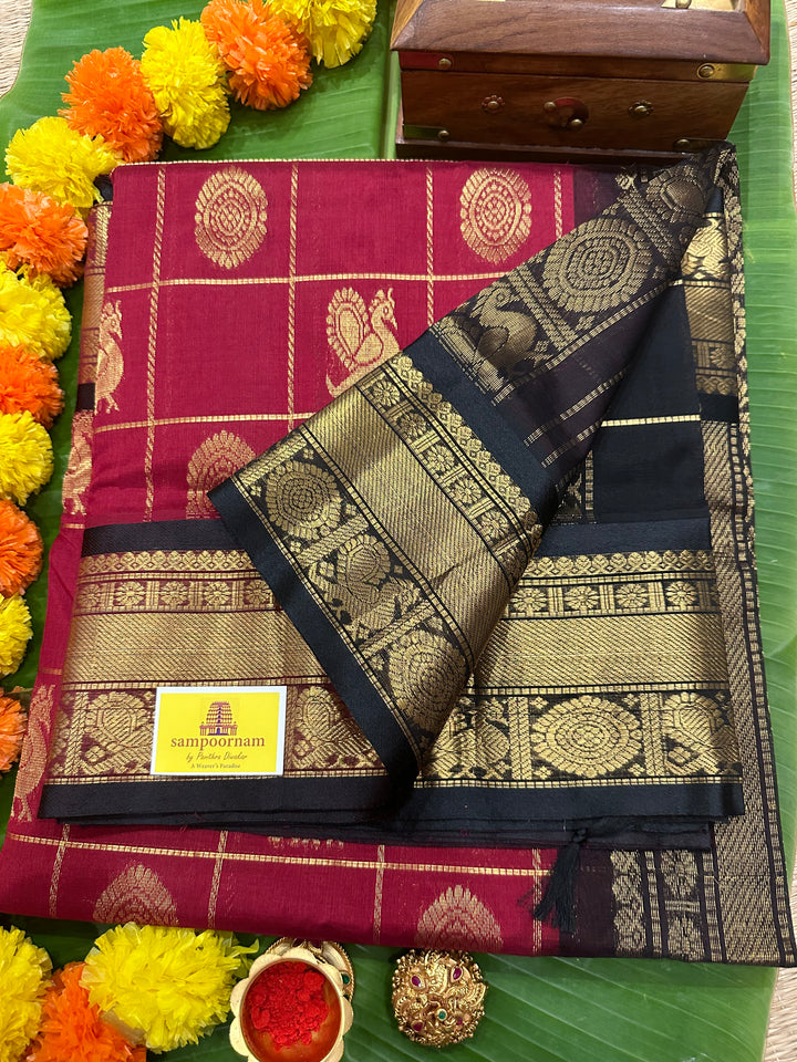 Maroon with Black Mayil Chakram Silk Cotton Saree