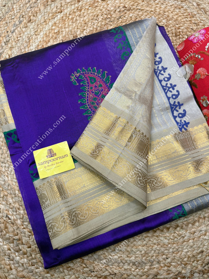 Vadamali with Beige  , Floral Print in the body  and Rich Pallu Handblock Printed Silk Cotton Saree