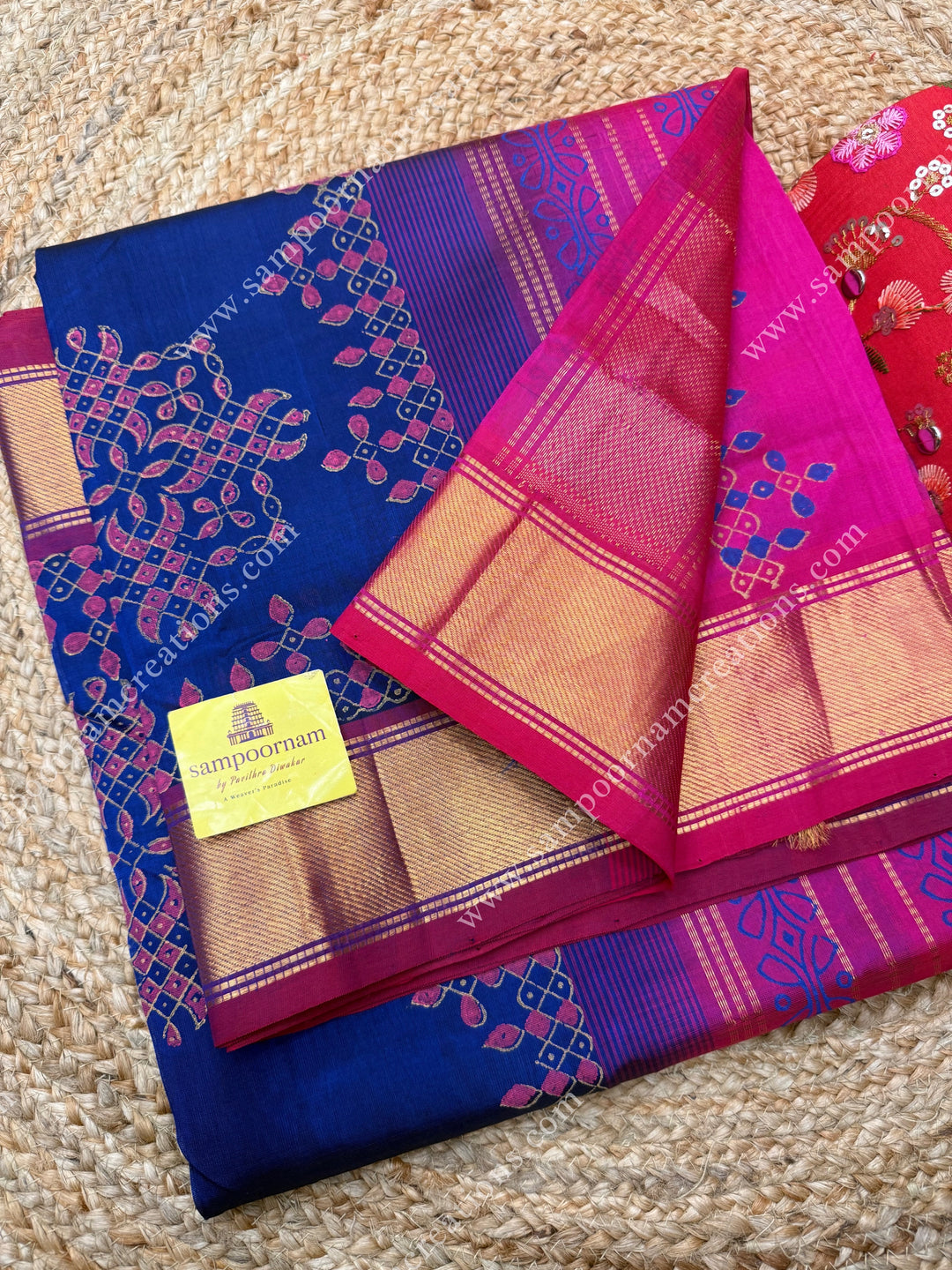 Ms Blue with Pink  , Kolam Handblock Printed  Silk Cotton Saree