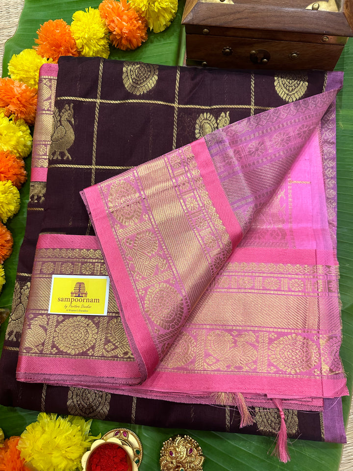 Brown with Baby Pink Mayil Chakram Silk Cotton Saree