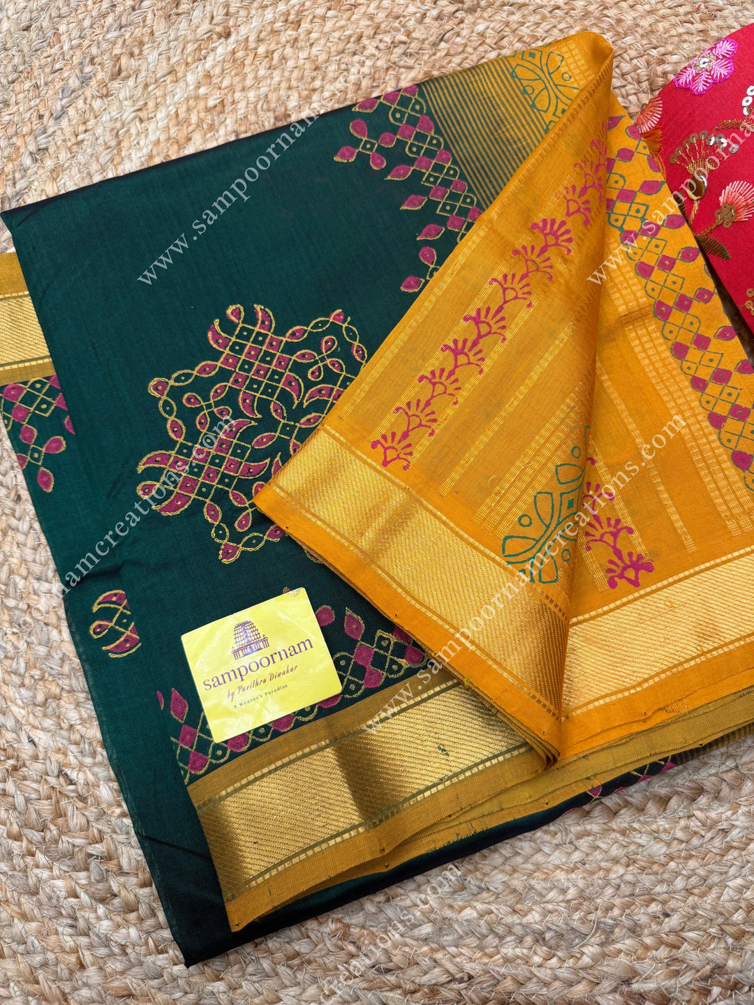 Green with Mustand  , Kolam Handblock Printed  Silk Cotton Saree