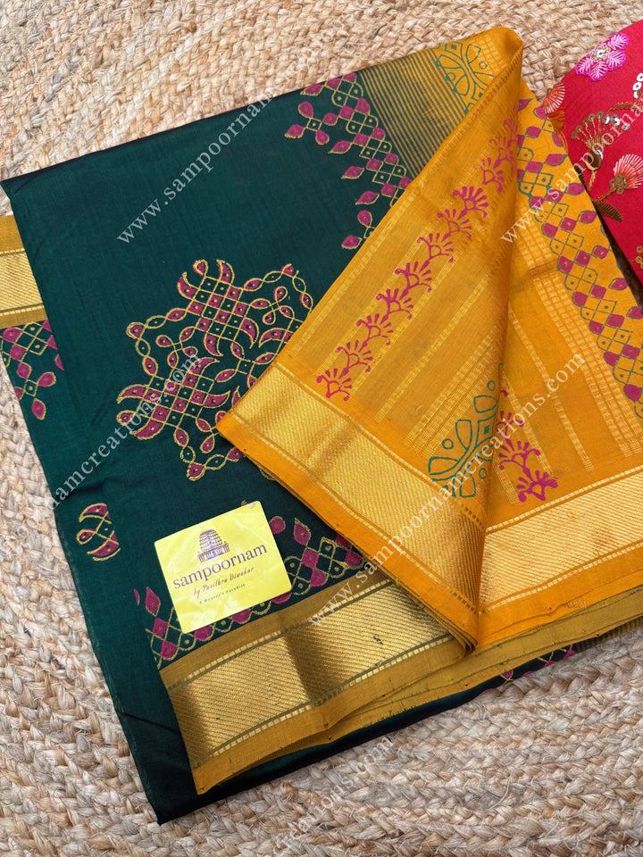 Green with Mustand  , Kolam Handblock Printed  Silk Cotton Saree